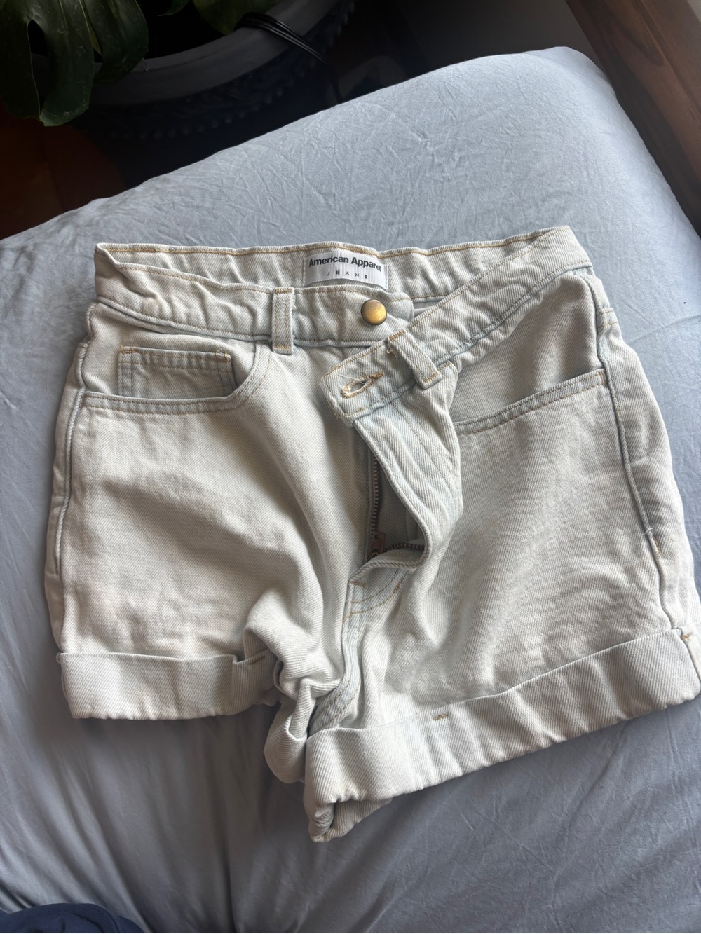 American Apparel Cream High-Rise Denim Shorts